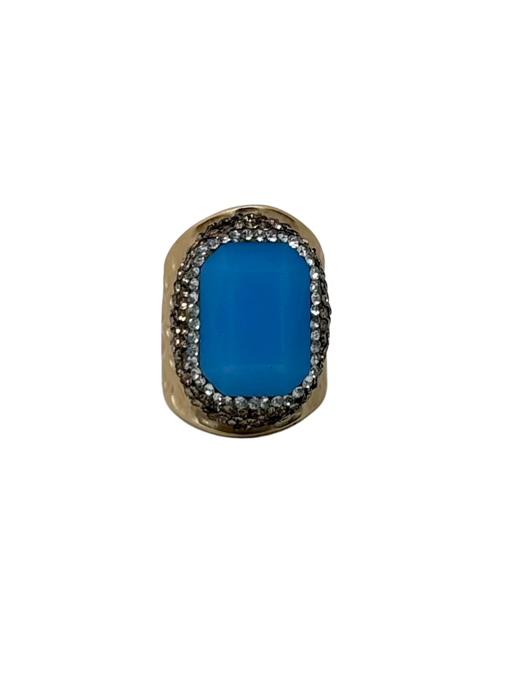 Queen of Sheba fashion ring featuring a large rectangular blue stone with a crystal halo.