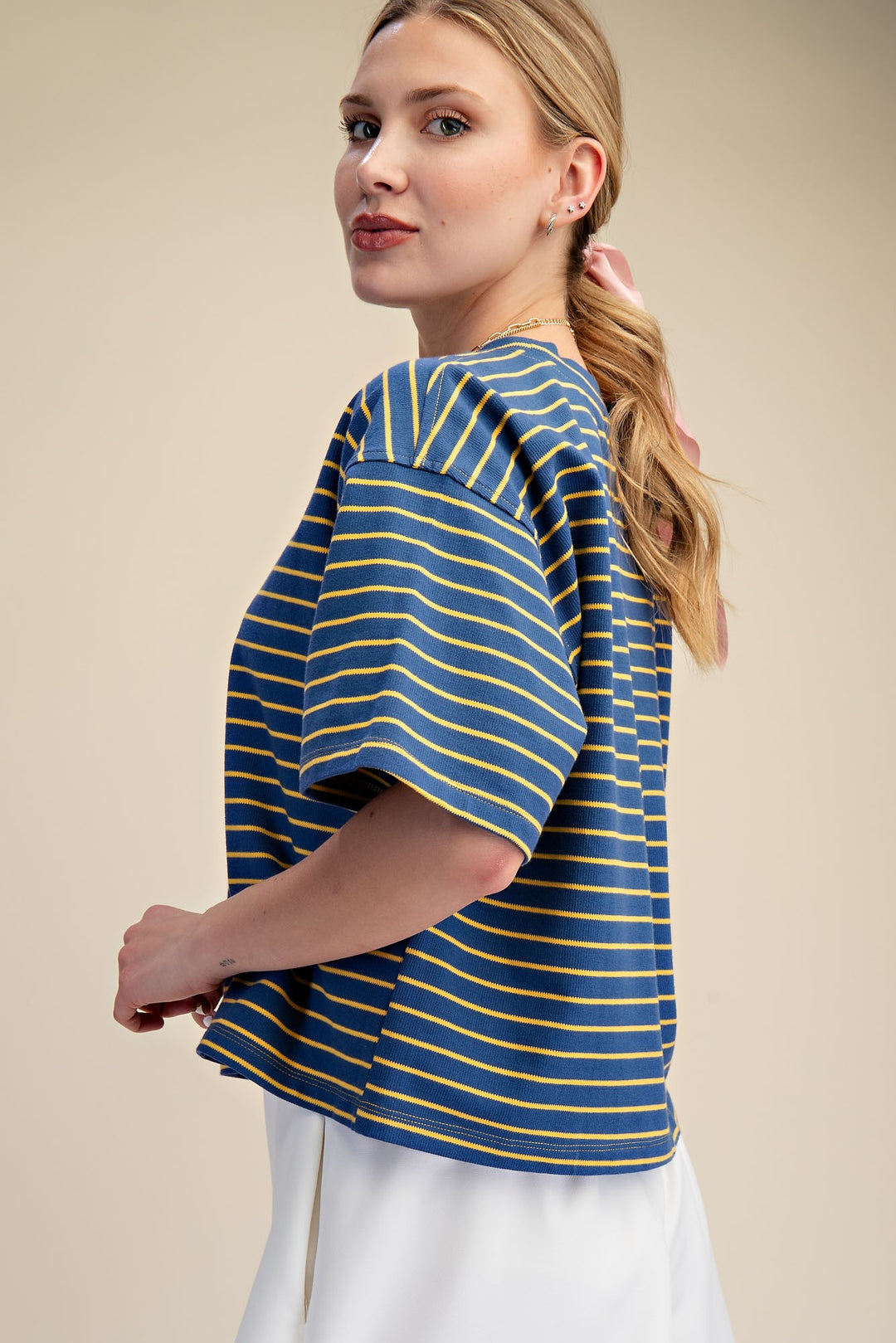 Ophelia Round Neck Wide Sleeve Pullover Stripe Everyday Top