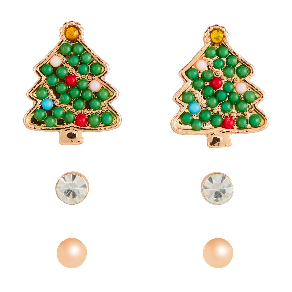 Three pairs of holiday stud earrings featuring colored pave rhinestones on hypoallergenic metal posts.