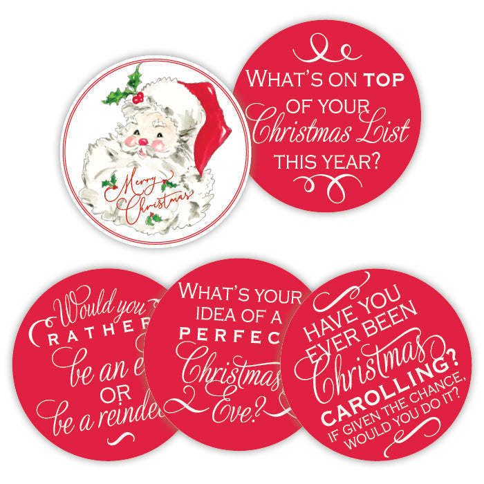 Handpainted ceramic conversation coaster with a circular shape.