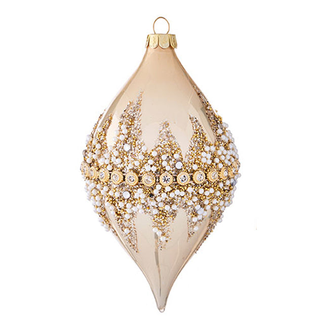 Four-inch onion-shaped beaded ornament with wrapped bead center detail.