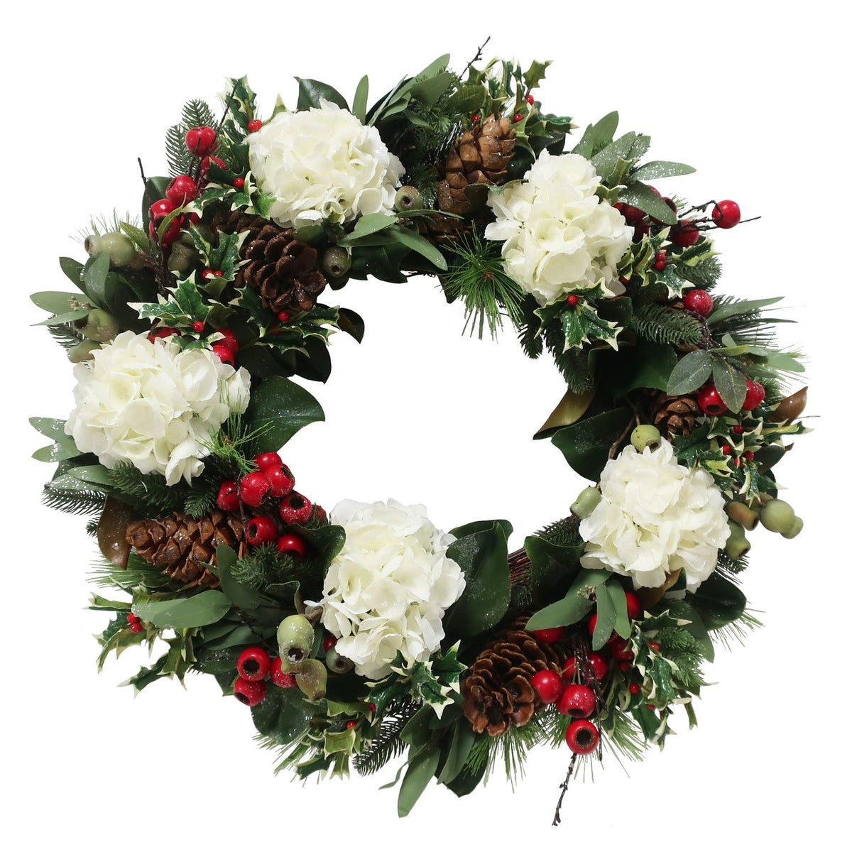 30-inch holiday wreath with white hydrangeas, pinecones, red berries, and mixed greenery.