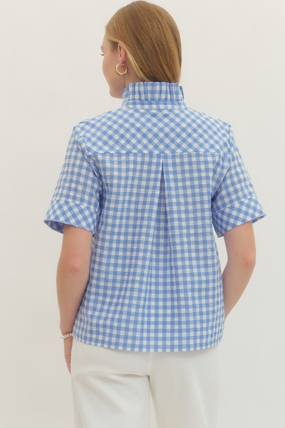 Natalie gingham short sleeve top with stand collar V-neck in white cotton.
