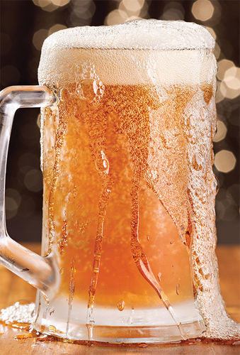 A frosty mug overflowing with golden beer and a thick head of foam.