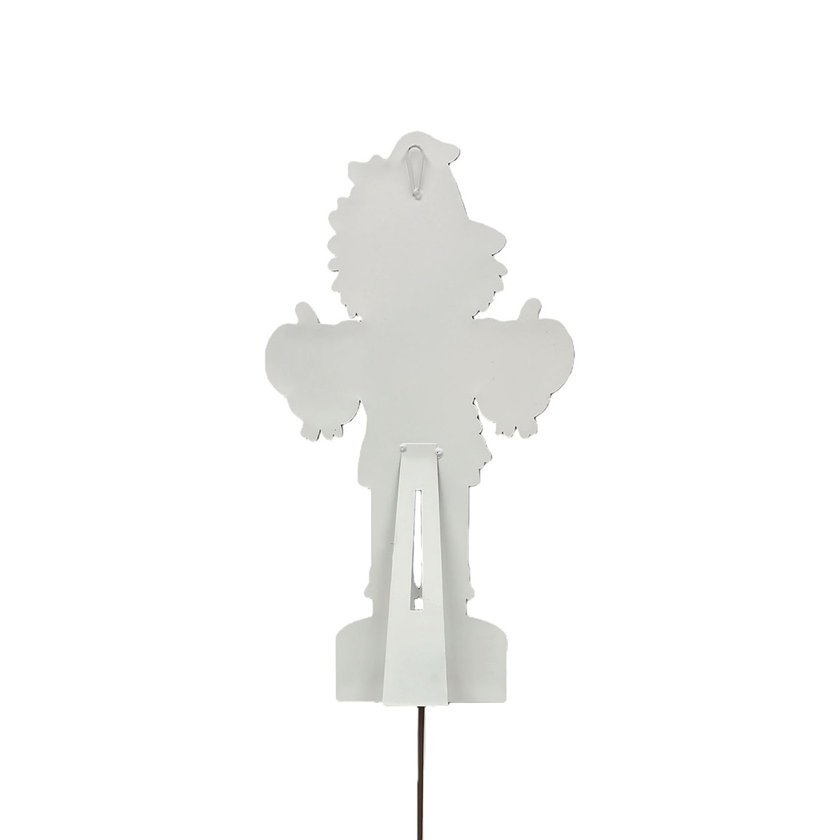 Back view of a white metal small scarecrow nutcracker with a stand and ground stake.