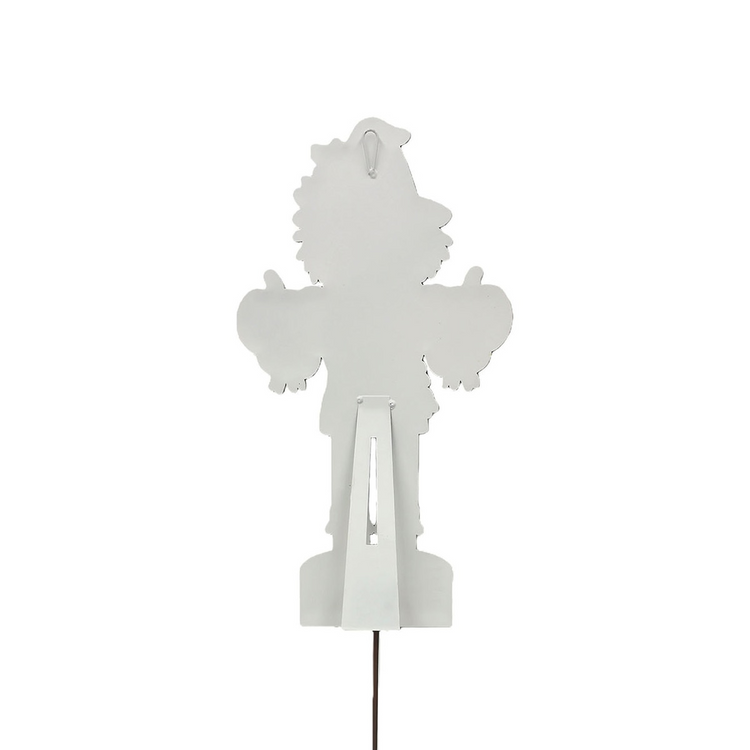 Back view of a white metal small scarecrow nutcracker with a stand and ground stake.