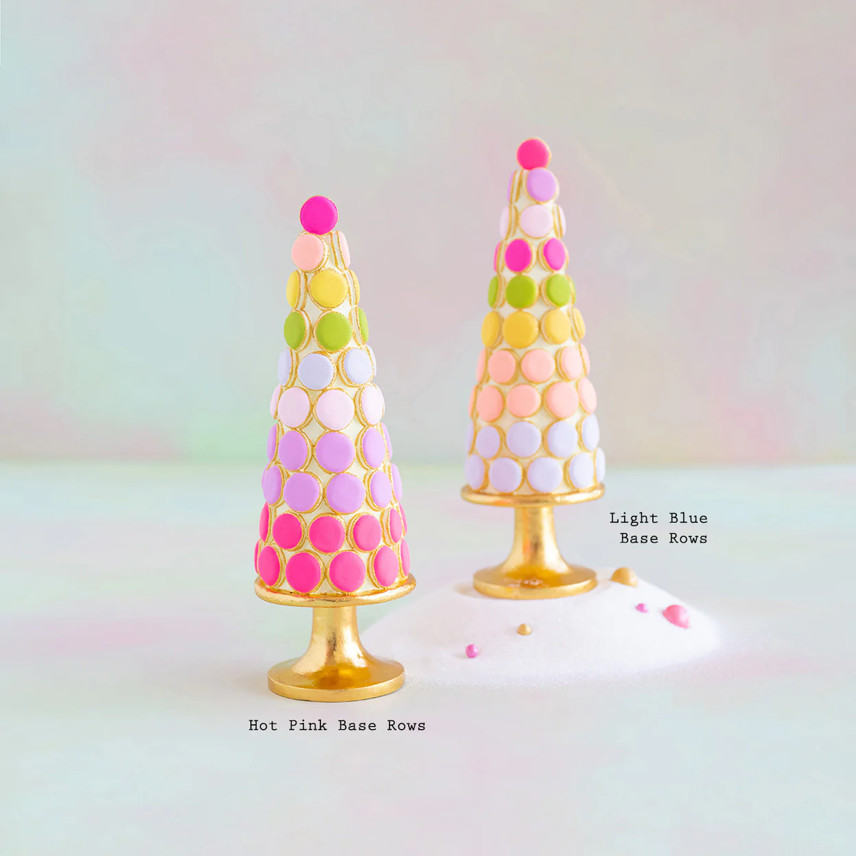 Hand-painted gold leaf resin tabletop shaped like a macaron tree with pastel pink and cream petals.
