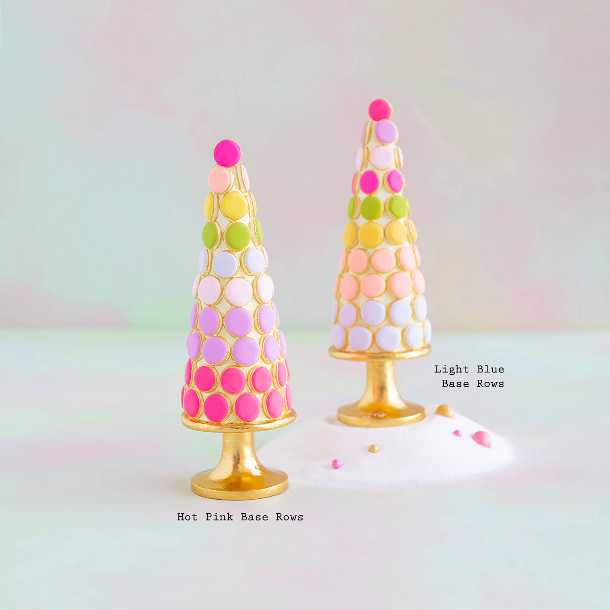 Hand-painted gold leaf resin tabletop shaped like a macaron tree with pastel pink and cream petals.