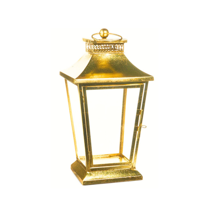 Gold iron and acrylic lantern with a metallic finish and a ring handle on top.