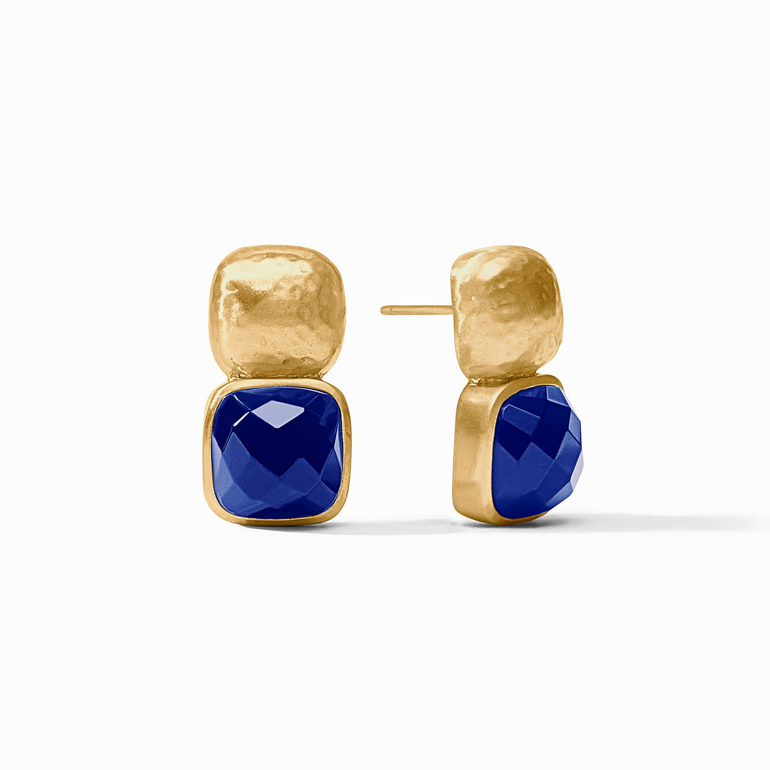 Catalina Earrings featuring blue faceted cushion-cut glass and hammered 24K gold-plated squares.