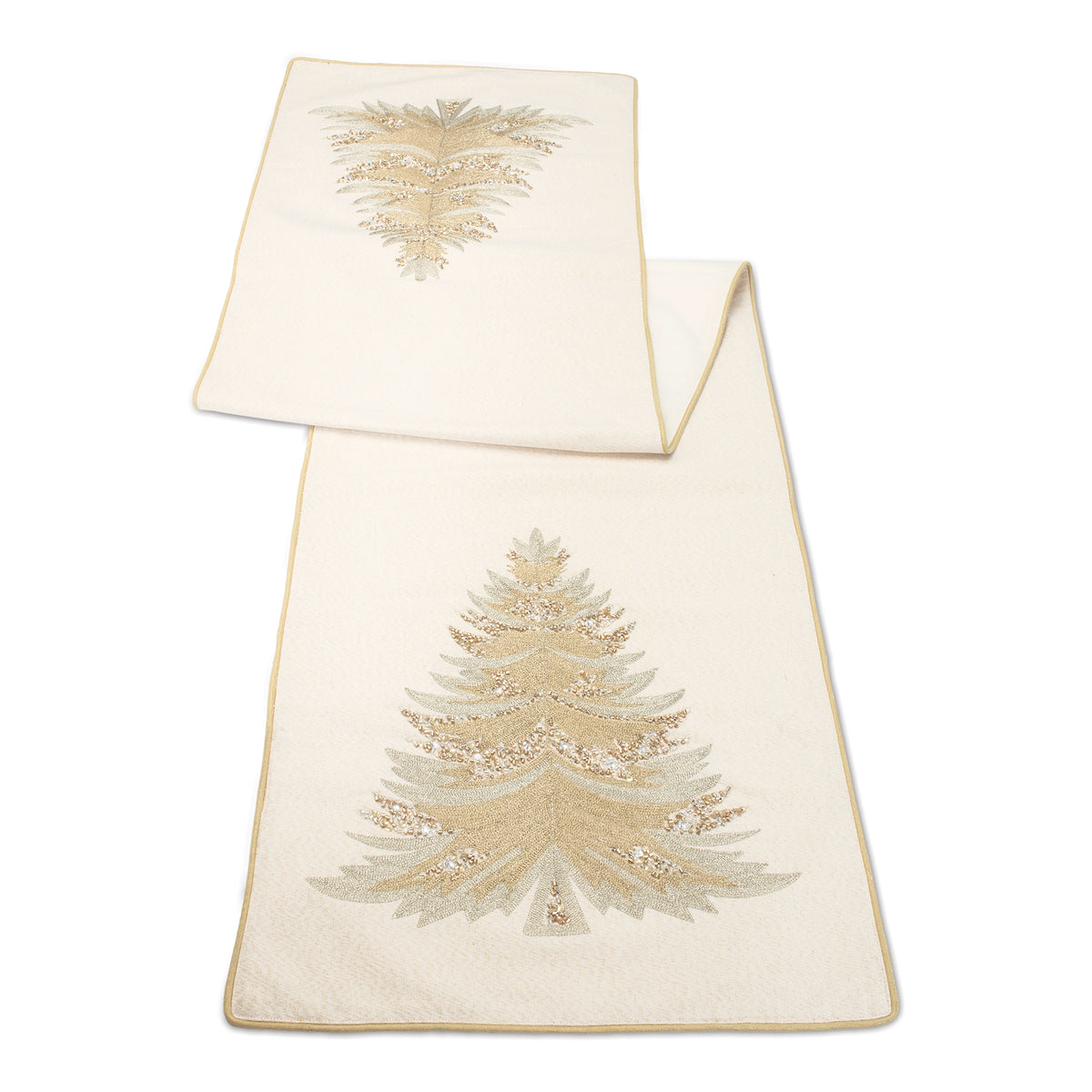 Cream table runner with gold embroidered Christmas tree and beaded accents.