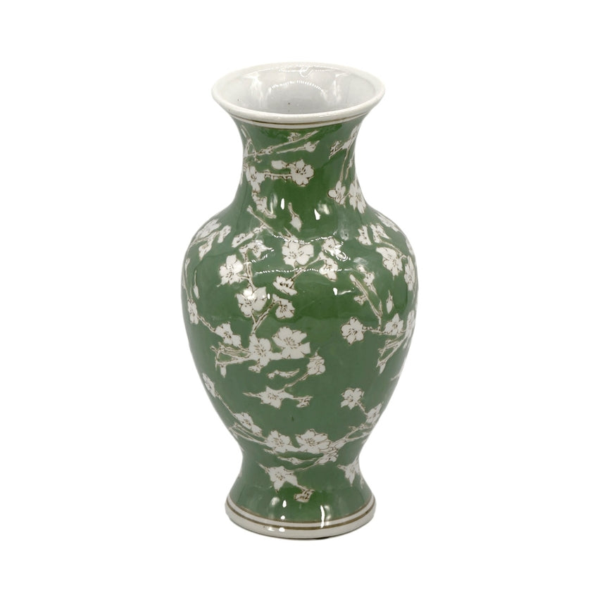 Green ceramic vase with white sakura floral chinoiserie pattern