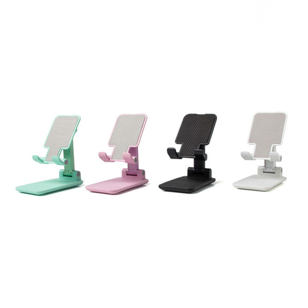 Four Modern Monkey folding tech stands in mint green, pink, black, and white on a white background.