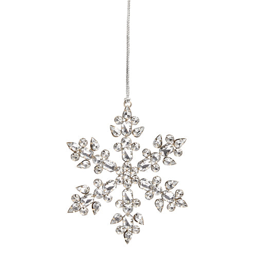 Silver snowflake ornament with multicolor jewels on an iron and acrylic base.