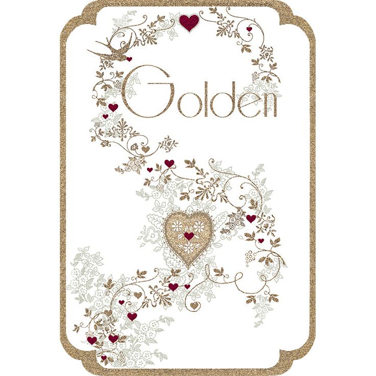 Die-cut golden heart anniversary card with glitter foil finish.