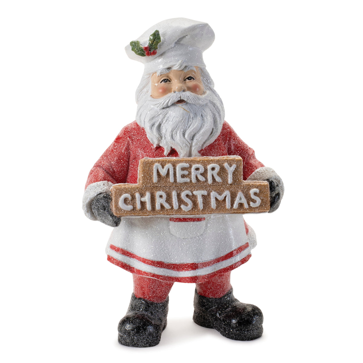 7-inch resin Santa baker figurine in a chef hat holding a Merry Christmas sign.