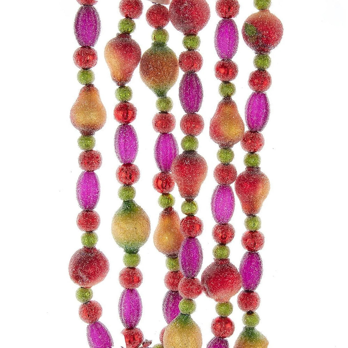 6-foot glass fruit garland with colorful beaded pears, apples, and berries in red, pink, and gold.