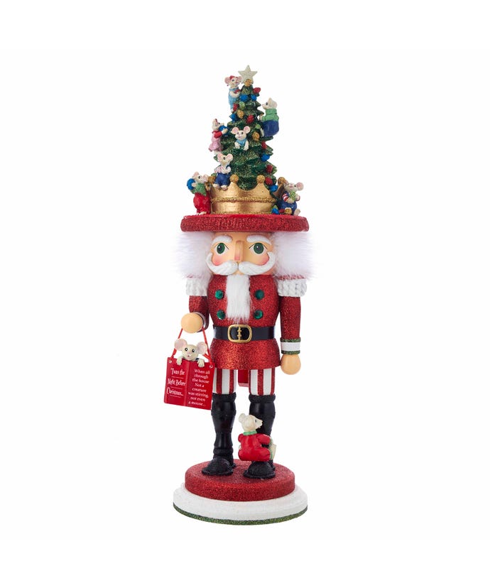 18-inch Hollywood nutcracker in red glitter outfit with a Christmas tree hat and little mice.
