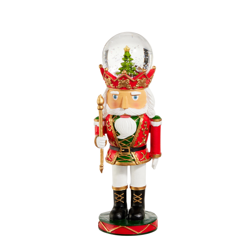 7-inch nutcracker figurine wearing a red and green uniform with a snow globe hat and gold staff.