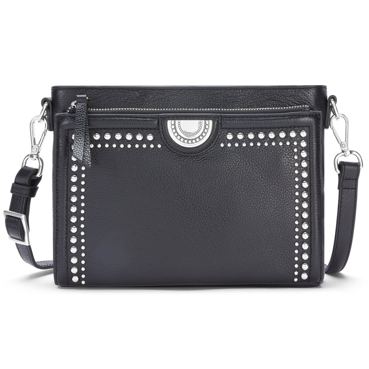 Black leather Jordyn cross body organizer with raw edge contour, ziptop closure, and multiple exterior pockets.