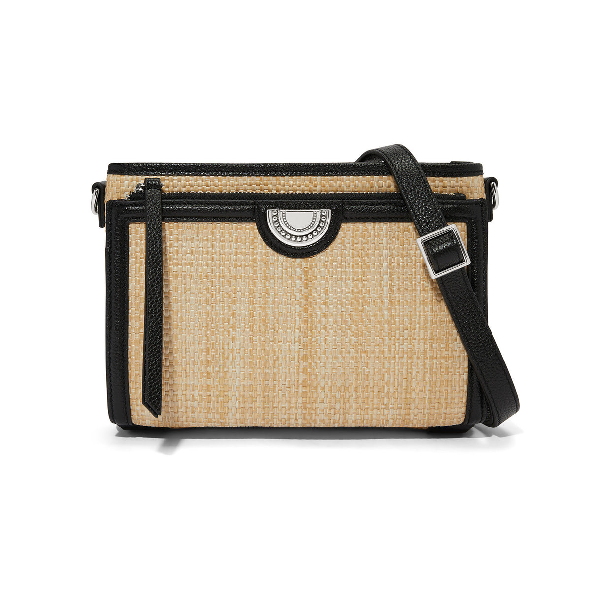 Natural straw Jordyn cross body organizer with black accents, multiple compartments, ID window, and adjustable strap.