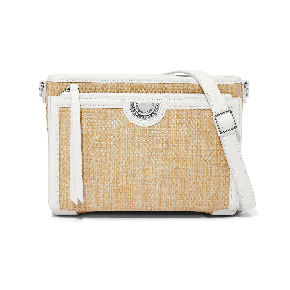 Tan straw cross-body organizer with multiple compartments, exterior pockets, card slots, and an adjustable strap.