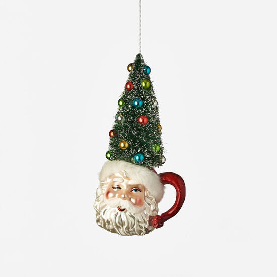 Santa Claus mug ornament with a green sisal Christmas tree inside, decorated with colorful baubles.