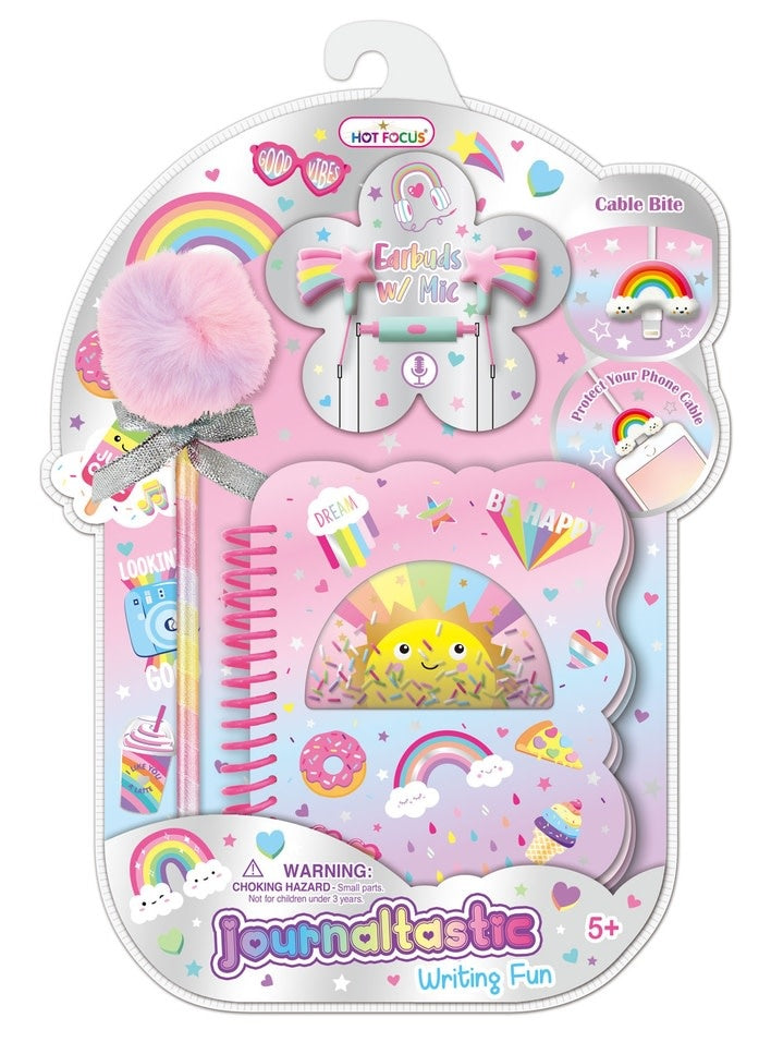 Rainbow Journaltastic set with journal, wired earbuds, pom-pom pen, and cable bite in rainbow colors.
