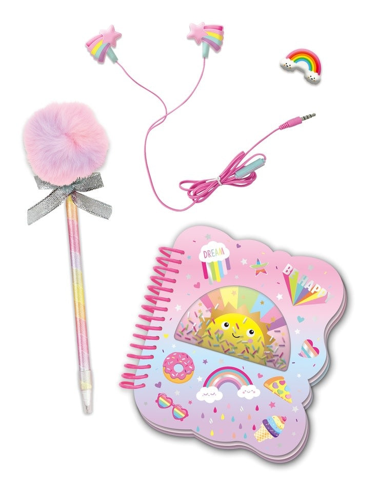 Rainbow Journaltastic kit with journal, wired earbuds, pom-pom pen, and cable bite in rainbow packaging.