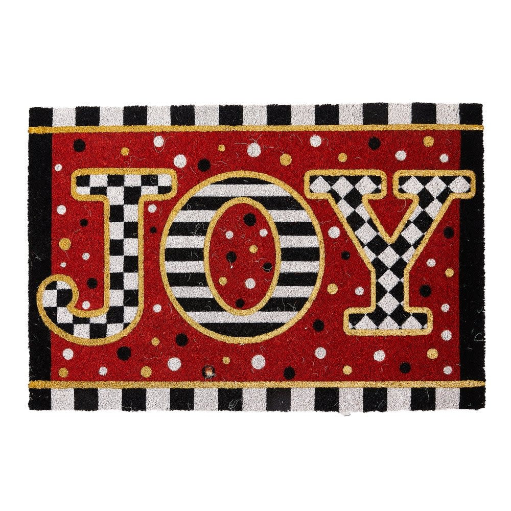 Rectangular printed PVC entrance mat with festive JOY greeting text, striped trim edges, and glitter accents in a neutral tone.