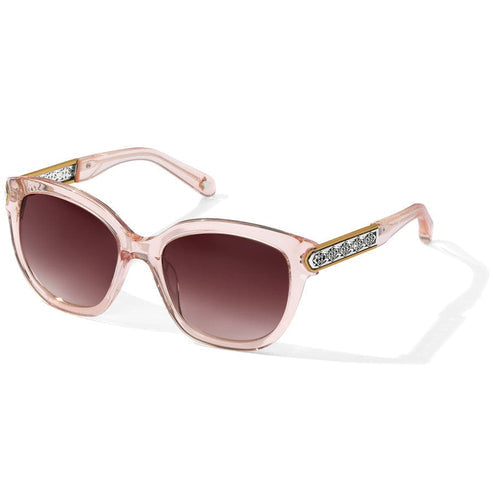 Intrigue Rosewater Sunglasses with round pink frames and silver-plated temple accents.