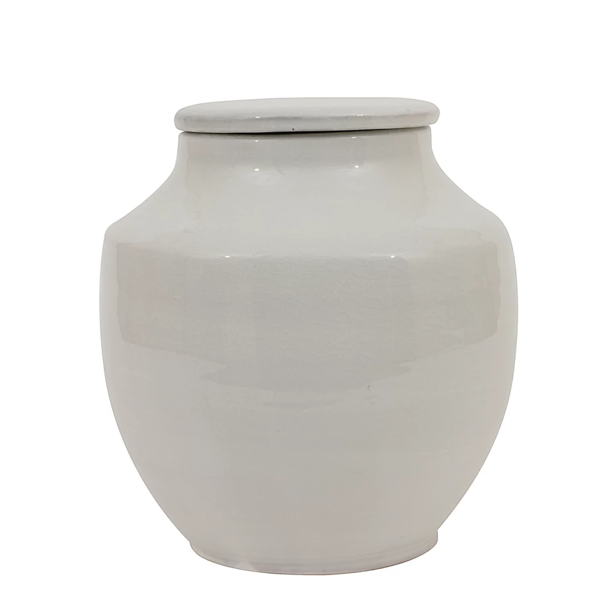 Round white terracotta cachepot with a classic geometric pattern.