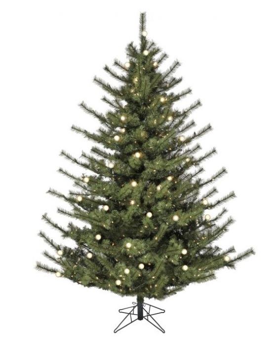 7.5-foot green Hickory artificial Christmas tree with 700 clear LED lights on a black metal stand.