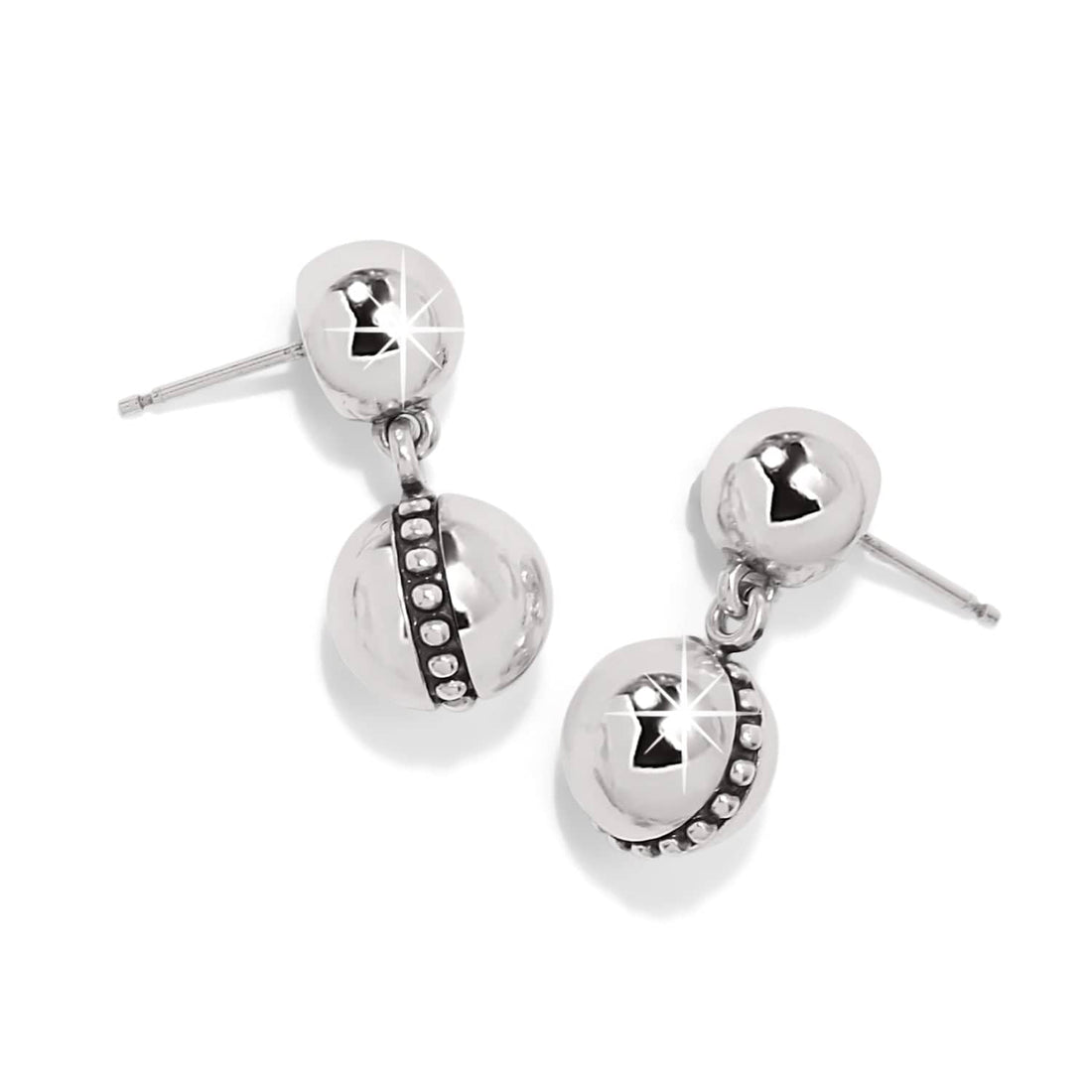 Silver plated Pretty Tough Bold Stud Post Drop Earrings with spherical design and beaded detail.