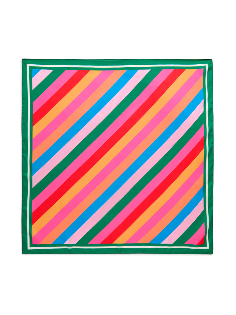 Festive Stripe Square Scarf with multi-colored diagonal stripes and a green border.