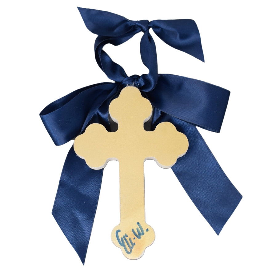 6-inch Hallelujah Cross made of gold-painted MDF with a satin bow.