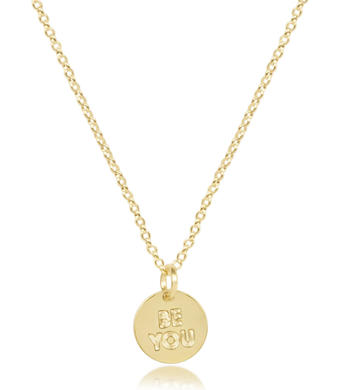 Small gold disc necklace featuring the word 'Be You' on a 16-inch chain.