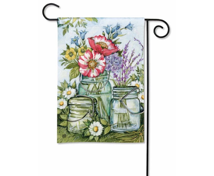 Garden flag with a watercolor painting of three mason jars filled with colorful flowers and greenery.