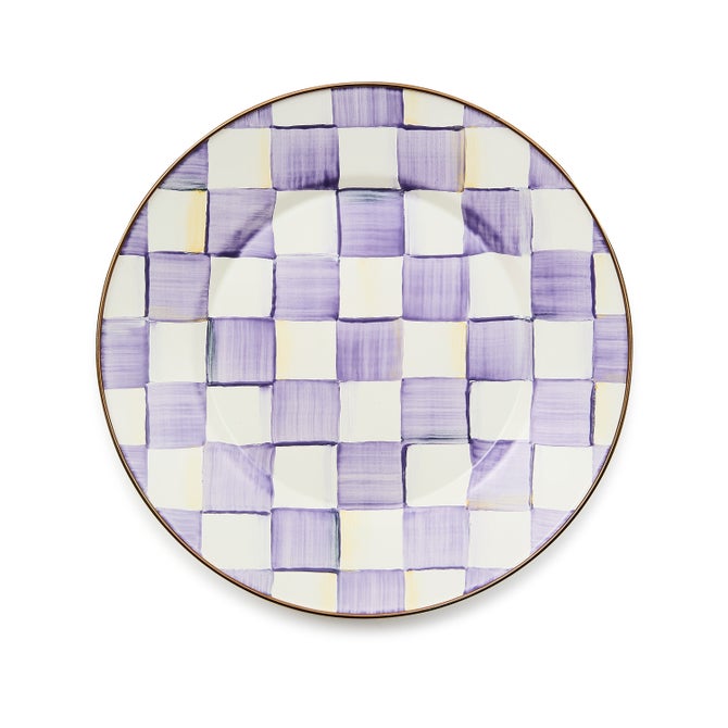 Violet check dinner plate with a 10-inch diameter featuring a violet gingham pattern.