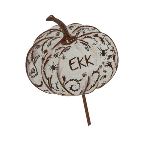 Metal Halloween pumpkin stake with orange finish, black stem, and carved jack-o'-lantern face silhouette.