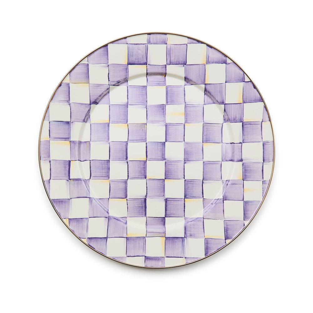 Hand-glazed violet check steel serving platter with bronzed stainless rim