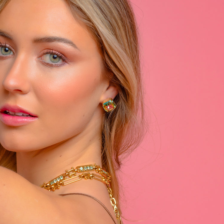 Antique gold-plated brass Nikki earrings with surgical steel posts and .5-inch crystals.