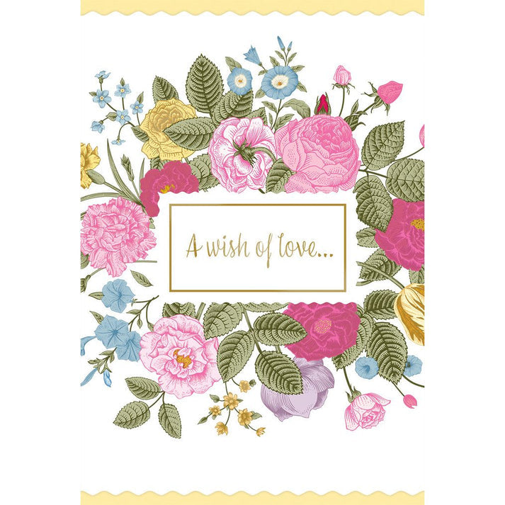 Die-cut foil anniversary card with floral border and love message inside.