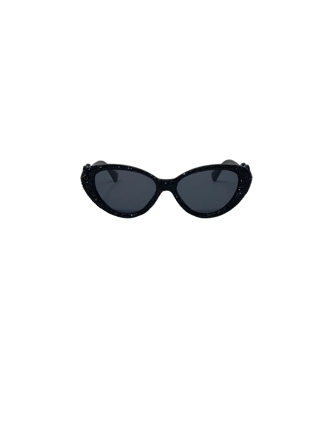 Black cat-eye sunglasses with rhinestone-embellished frames and dark tinted lenses.
