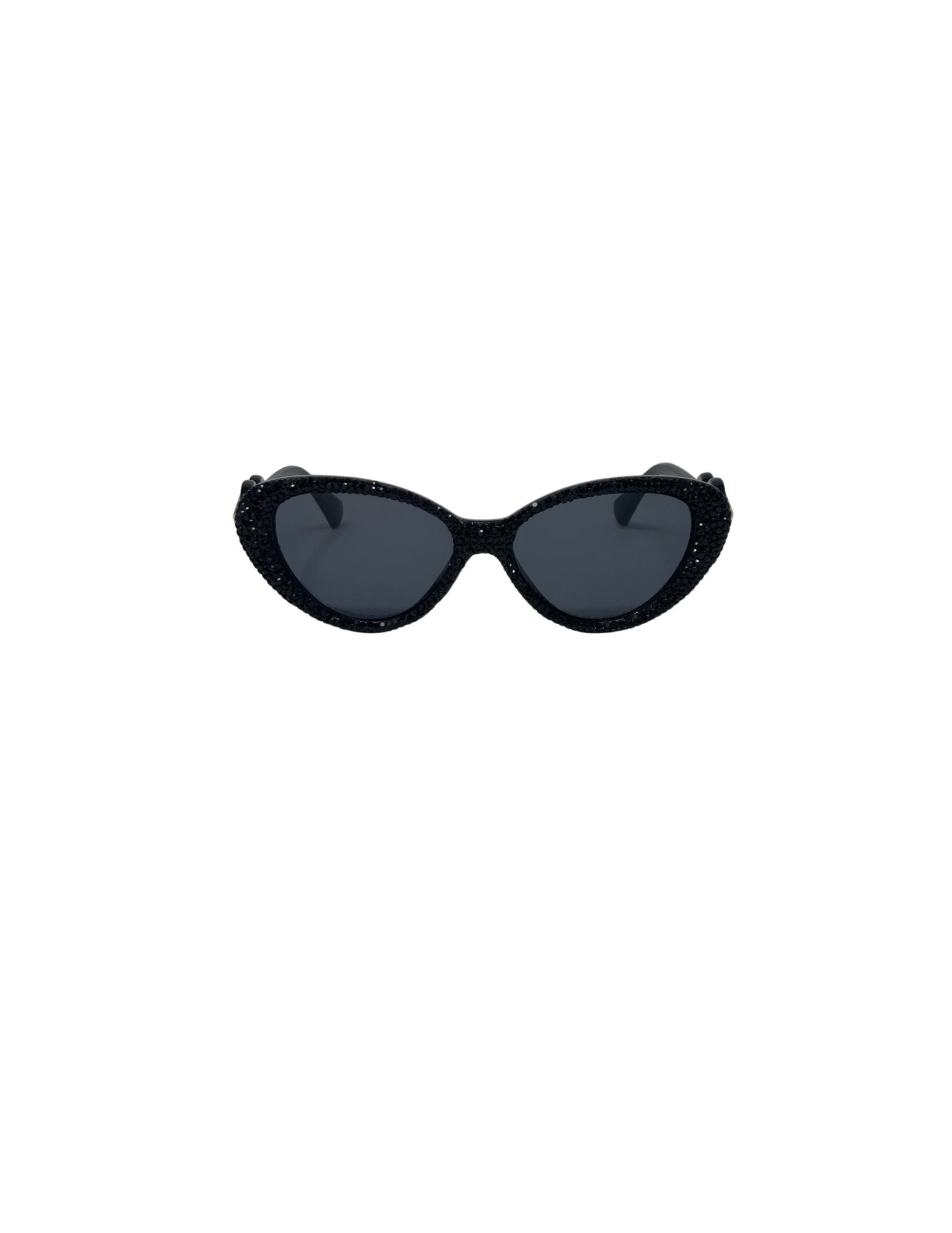 Black cat-eye sunglasses with rhinestone-embellished frames and dark tinted lenses.