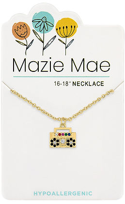 Gold beat box necklace on a Mazie Mae card, featuring a boombox pendant with colorful accents.