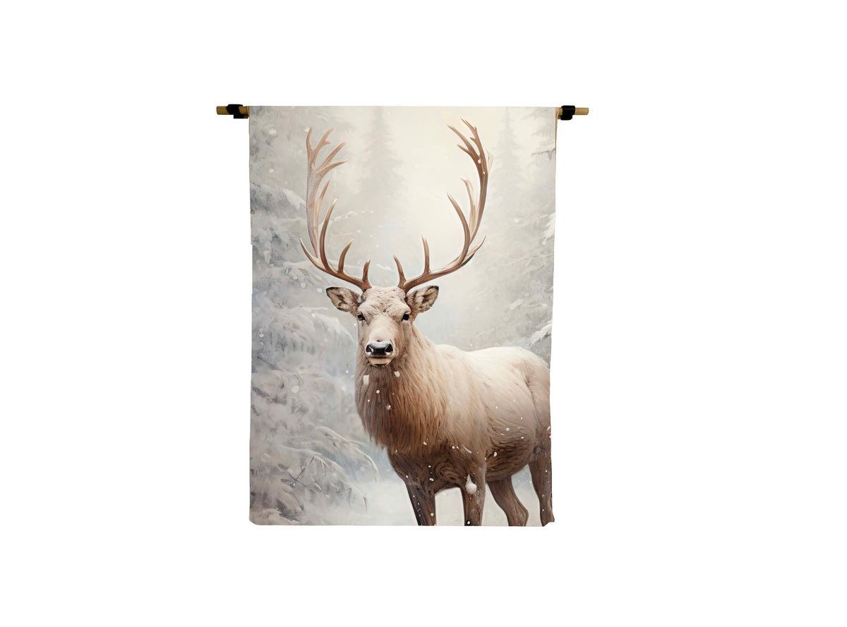 Reindeer canvas scroll wall hanging featuring a majestic deer with large antlers in a snowy forest.