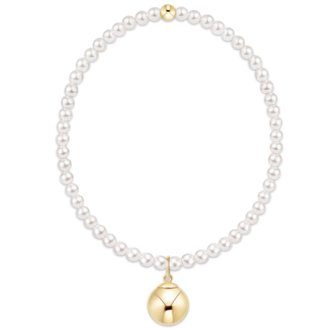 Classic 3mm white pearl beaded bracelet with a 10mm gold ball charm.