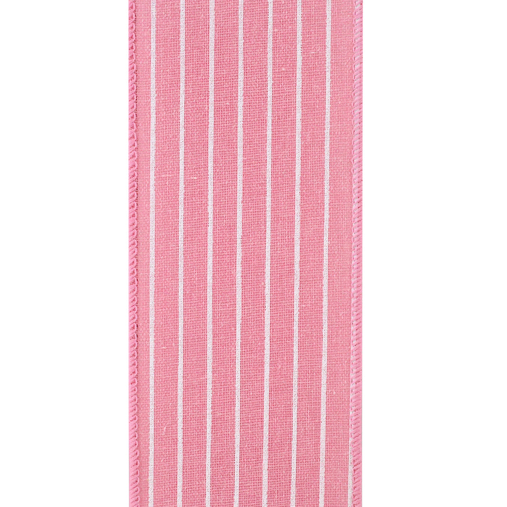Pink polyester pin stripe fabric with wired edge on a linen-style woven background.