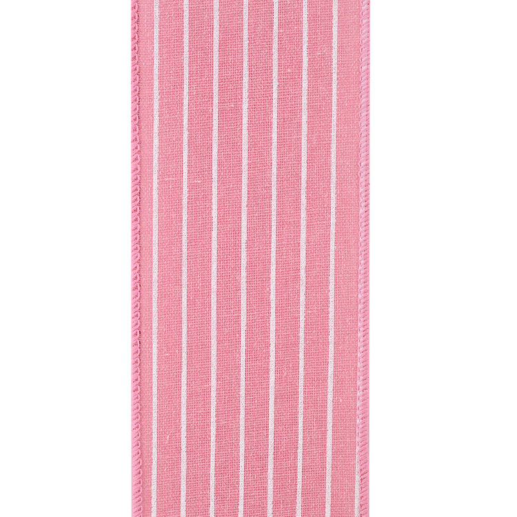 Pink polyester pin stripe fabric with wired edge on a linen-style woven background.